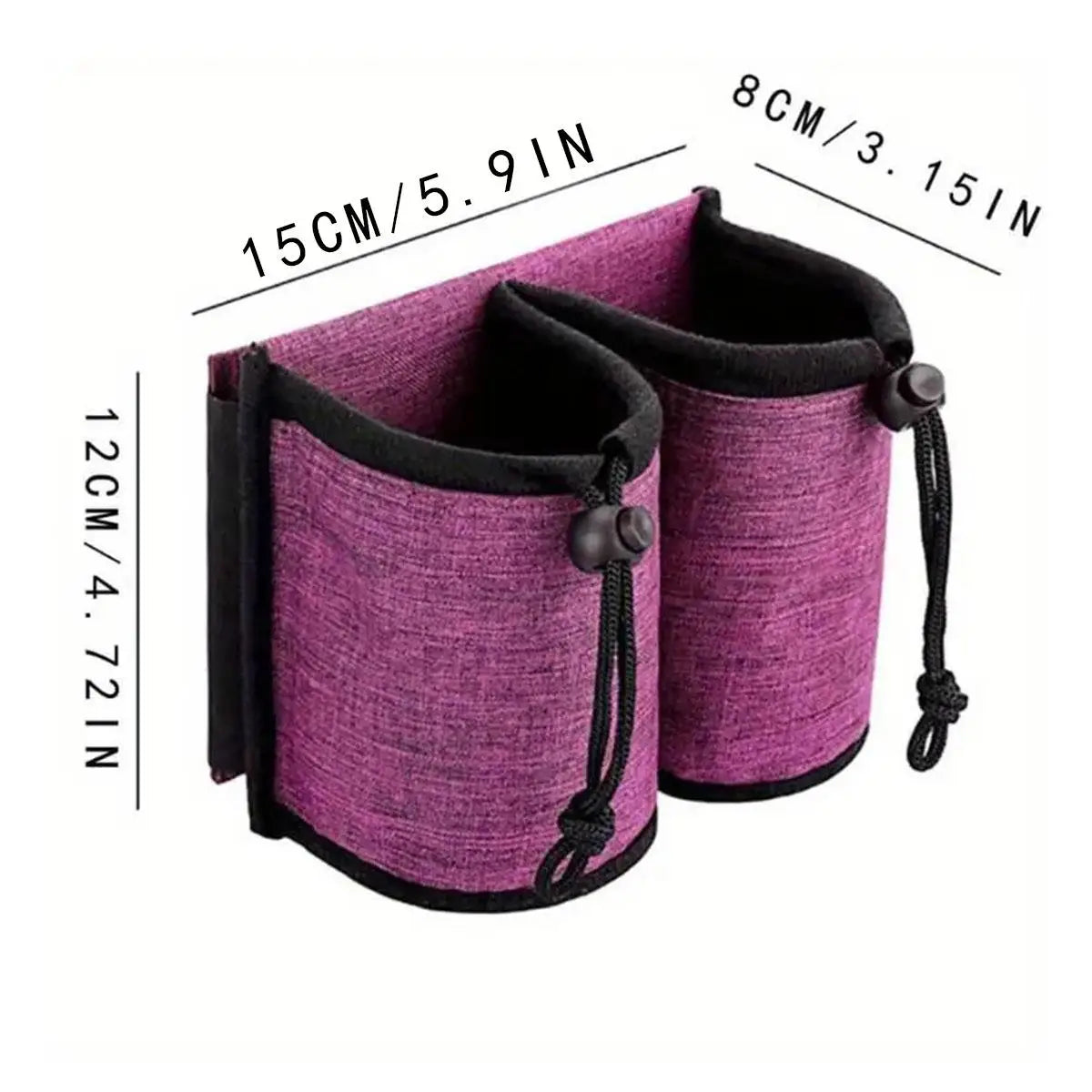 A purple fabric cup holder with a black lining and drawstring closure, shown with size measurements.