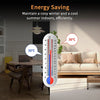 A digital thermometer showing 20°C and 30°C, used to illustrate energy saving for indoor temperature control.