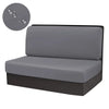 Gray stretch RV dinette seat covers shown with a circular swatch of the fabric.