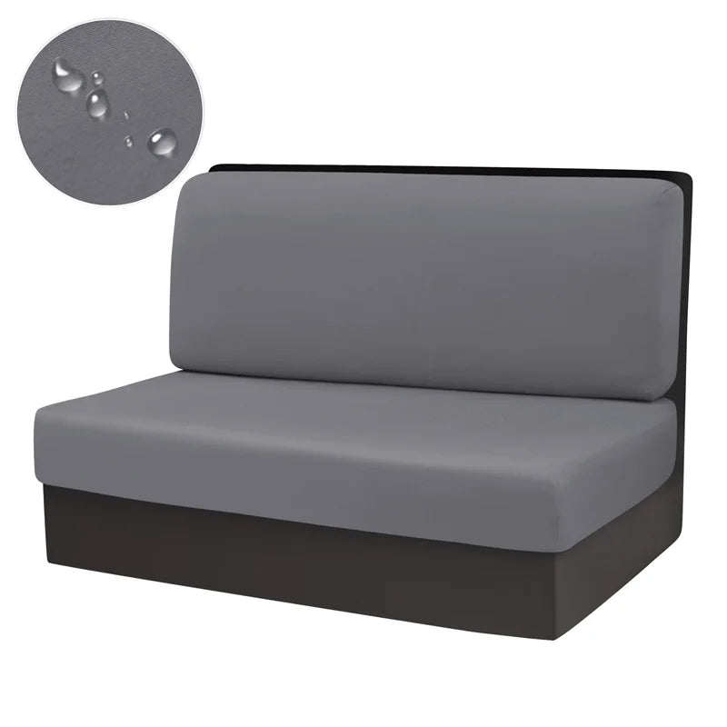 Gray stretch RV dinette seat covers shown with a circular swatch of the fabric.