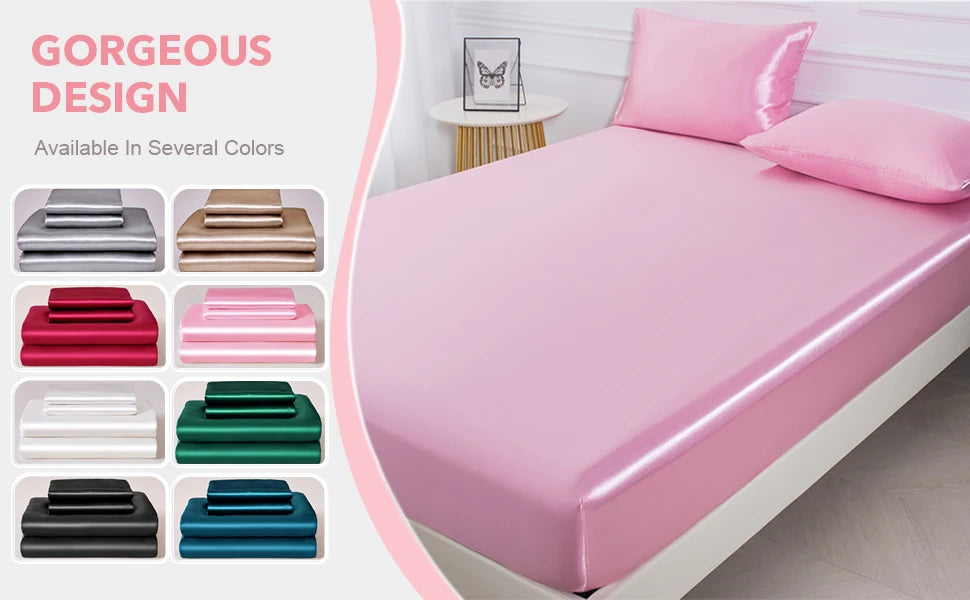 A pink satin pillowcase set displayed on a bed with various color options shown nearby.