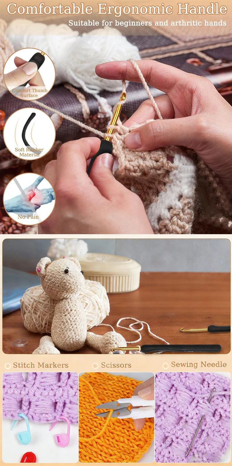 A close-up of a hand using an ergonomic gold crochet hook to work with yarn, demonstrating a comfortable grip for beginners.