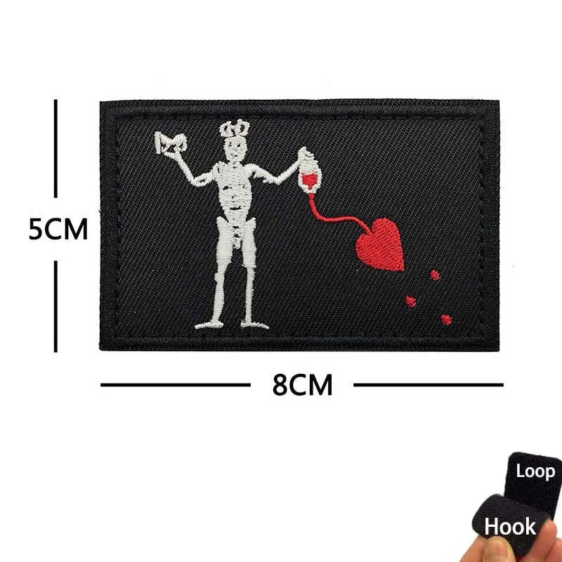 Blackbeard skull pirate flag embroidered patch with hook and loop backing