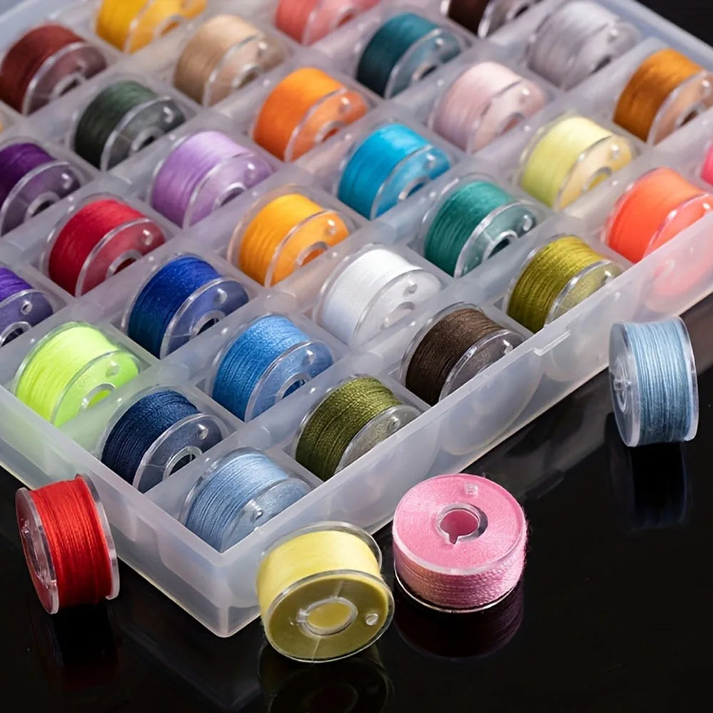 A clear plastic container filled with assorted colored embroidery and sewing threads.