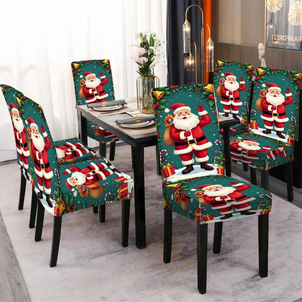 Set of four Santa Claus pattern stretch chair covers displayed on a dining table.