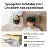 SpongeBob inflatable pillow shown being used for sleep, highlighting the soft foam and Q-bounce air fill layers.