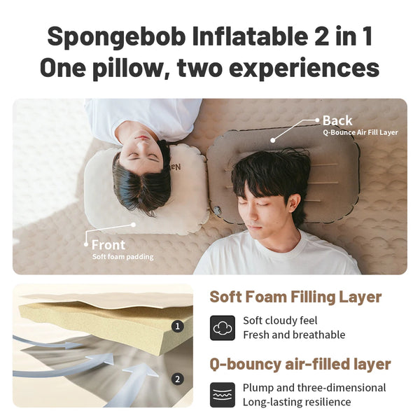 SpongeBob inflatable pillow shown being used for sleep, highlighting the soft foam and Q-bounce air fill layers.