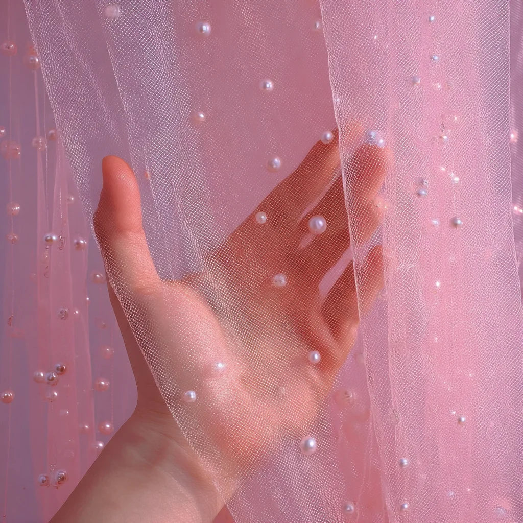 A hand is gently touching pink pearl tulle fabric, showing the sheer texture and delicate beads.