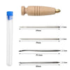 A set of leather sewing awls and stitching tools with various sizes and lengths.