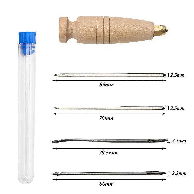 A set of leather sewing awls and stitching tools with various sizes and lengths.