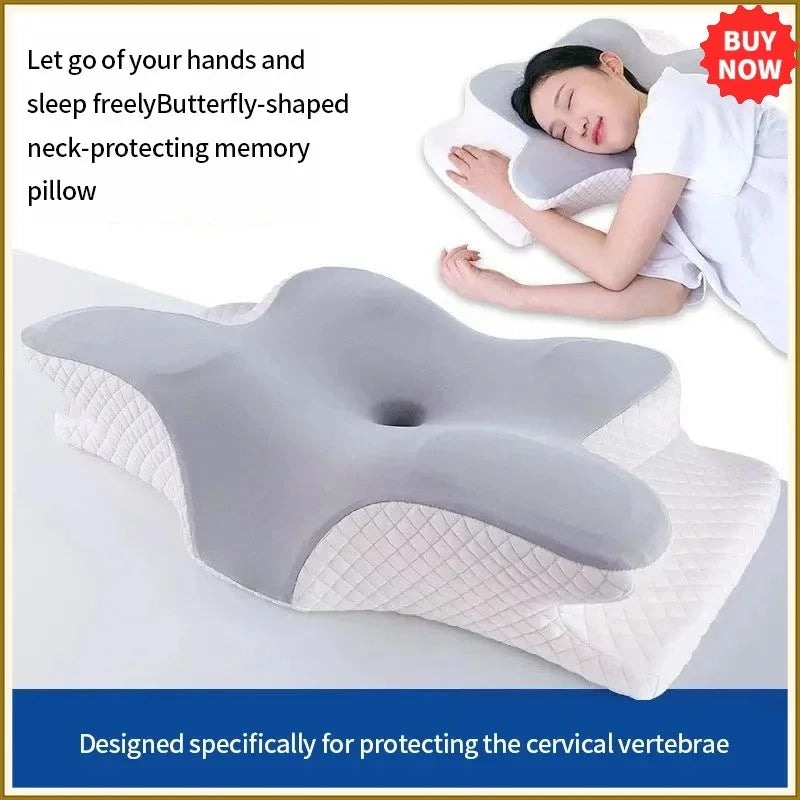 A woman is using a butterfly-shaped memory foam pillow designed for neck protection and cervical vertebrae support.