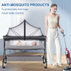 A portable bassinet with a mosquito net cover is shown next to a woman, illustrating anti-mosquito products for baby protecti