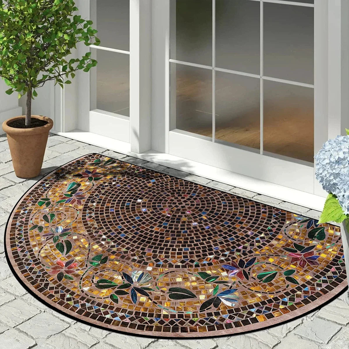 A semi-circular mosaic floor mat with a vintage floral print featuring various colors and patterns.