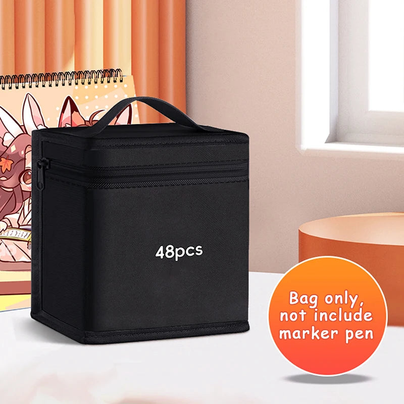 Black portable marker storage pouch with a zipper, showing 48 pieces of markers inside.