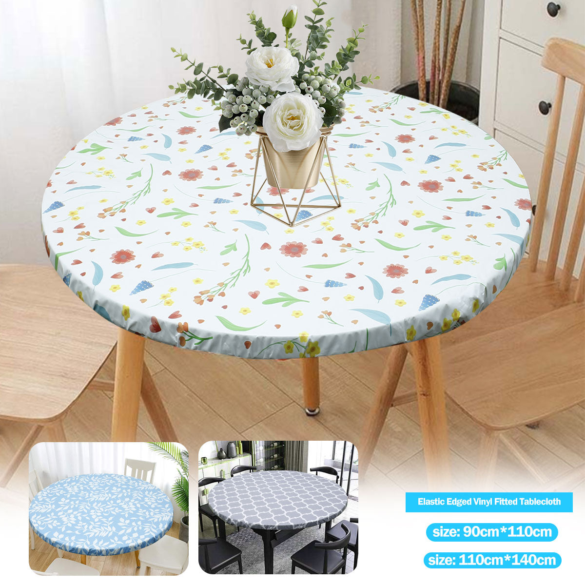 Round elastic-edged vinyl tablecloth displayed on a wooden table with a floral centerpiece.
