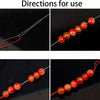Instructions showing how to use a precision beading needle set for jewelry making, featuring red and orange beads.
