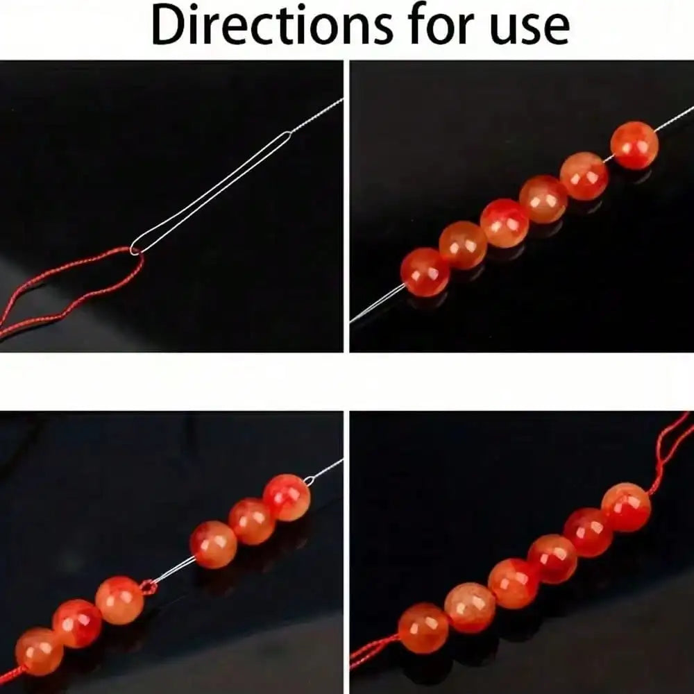 Instructions showing how to use a precision beading needle set for jewelry making, featuring red and orange beads.