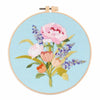A circular embroidery hoop featuring a pink and purple floral pattern on light blue fabric.