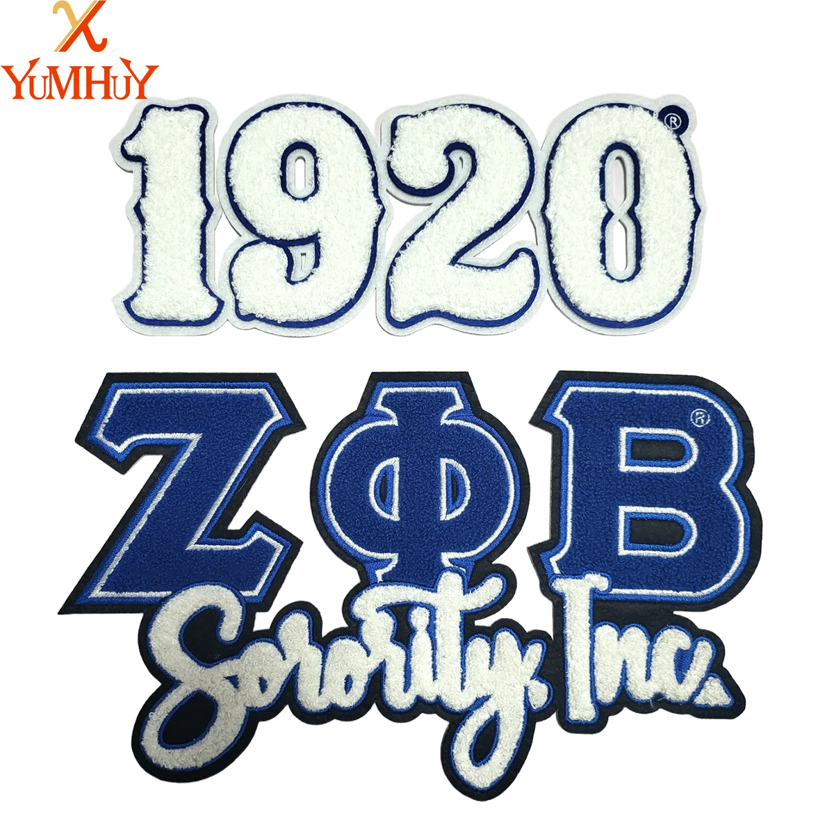 A white and blue embroidered patch featuring the year 1920 and the letters ZOBB Sorority Inc.