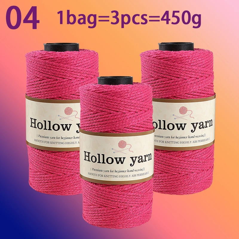 Three spools of pink hollow yarn, each containing three skeins totaling 450g for knitting and crochet.