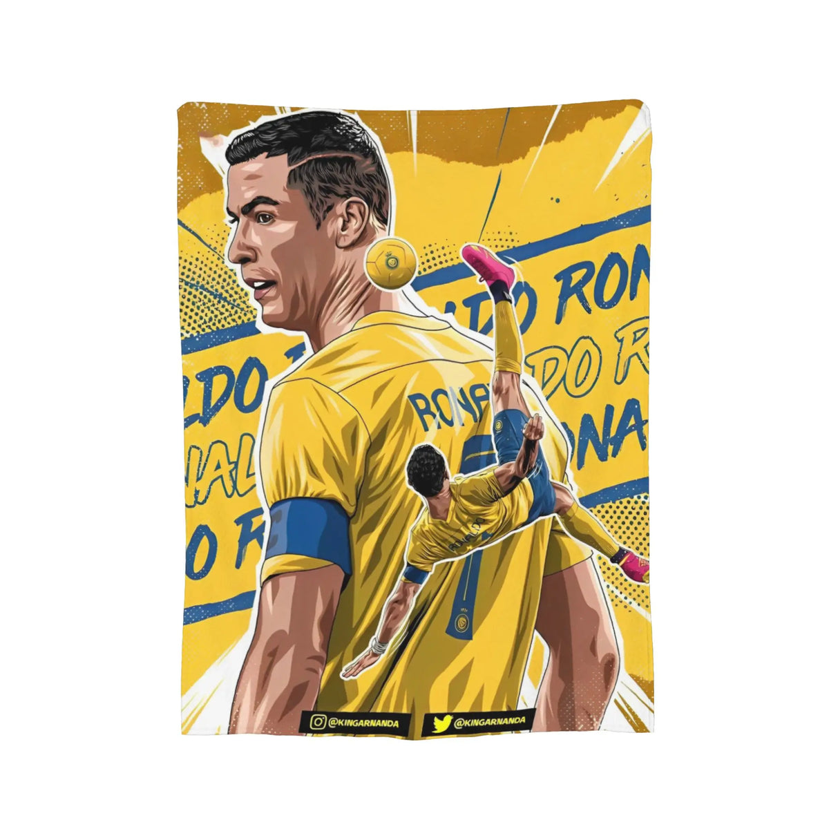 A soccer player in a yellow jersey is shown celebrating, surrounded by bright yellow and blue graphics.