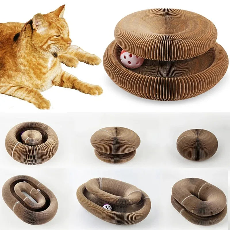 A set of foldable cat scratching boards in brown material, shown with a cat and various angles.