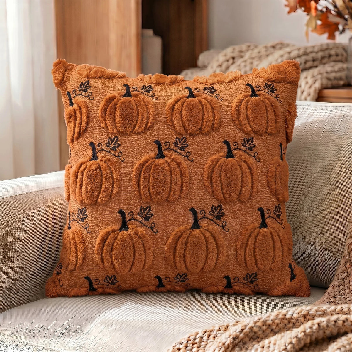 A textured orange throw pillow cover with embroidered black maple leaves and pumpkin designs on a light gray sofa.