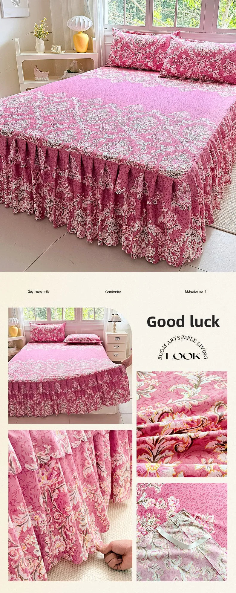 Pink floral print bed skirt set featuring pink and white patterns on a bed with a pink duvet.