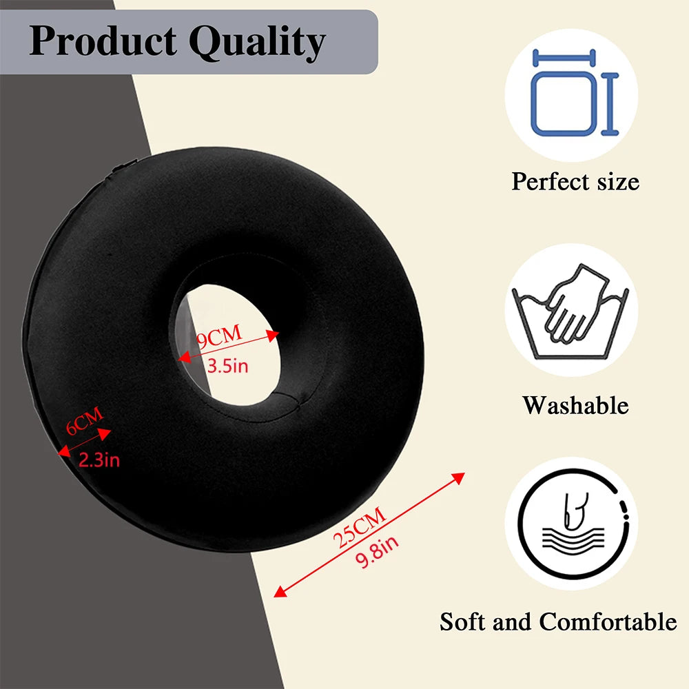 A black ear piercing pillow showing its dimensions and features like perfect size, washability, and softness.