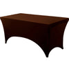 A dark brown stretch tablecloth set for dining and event decor.