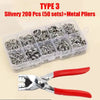 Silver prong snap buttons kit with 200 pieces and metal pliers displayed in a clear plastic container.