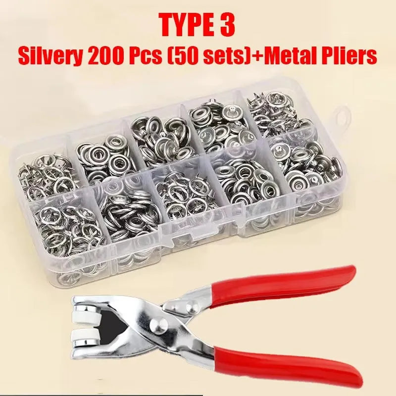 Silver prong snap buttons kit with 200 pieces and metal pliers displayed in a clear plastic container.