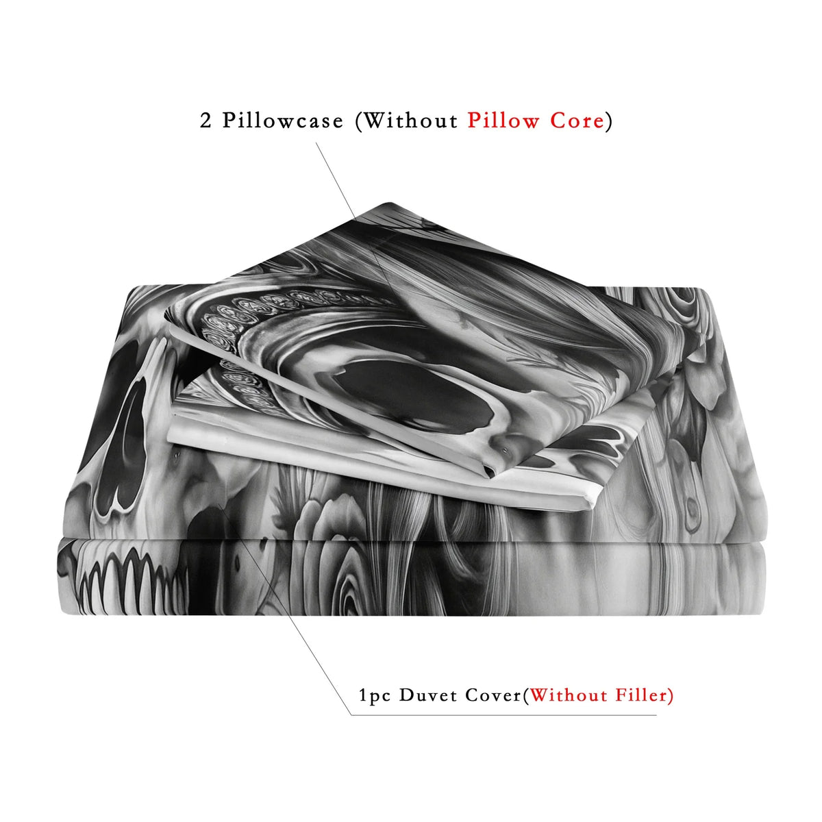 Two pillowcases and one duvet cover featuring a black and white floral pattern with skull designs.