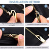Four steps showing the installation method of a zipper slider puller repair kit on a black fabric.