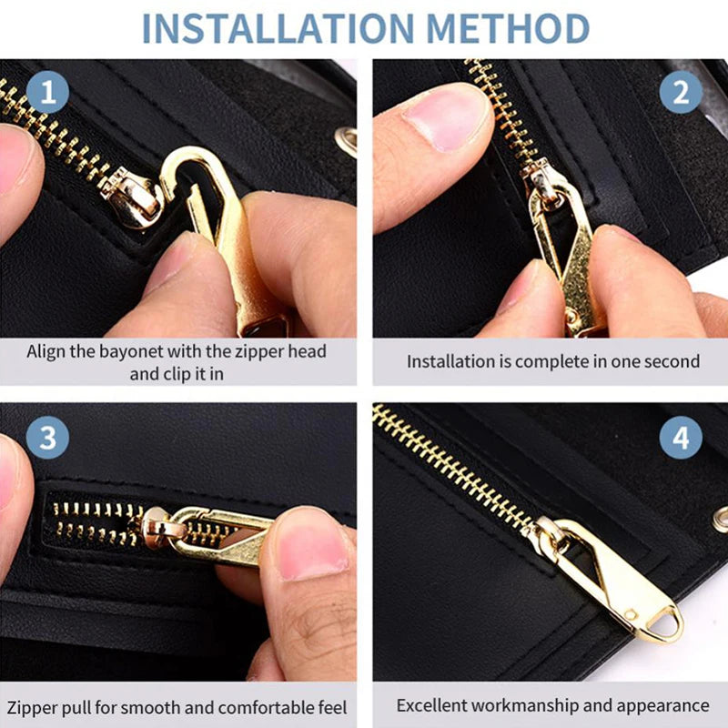 Four steps showing the installation method of a zipper slider puller repair kit on a black fabric.