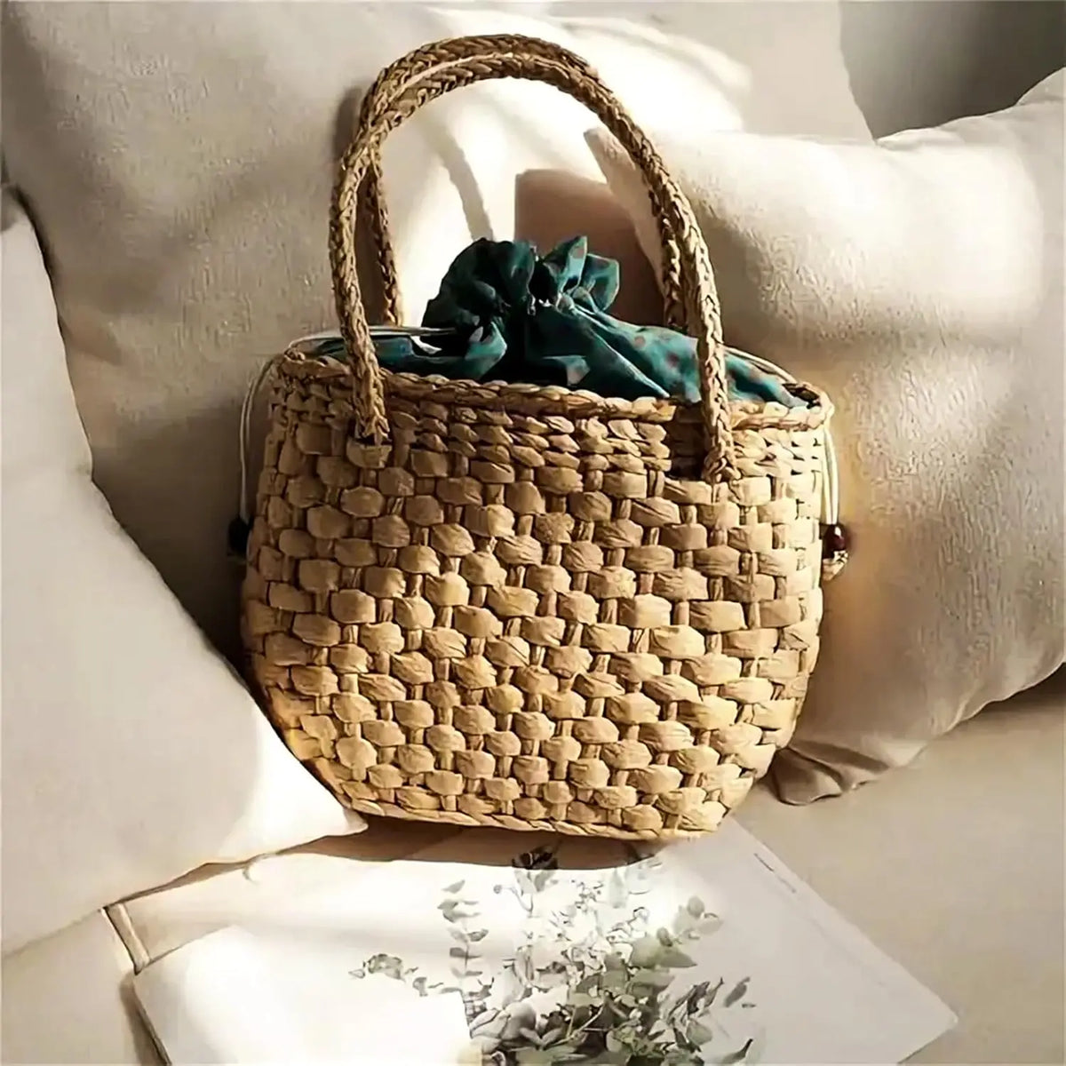 A woven straw bag filled with teal fabric, resting on a white surface.