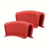 Red silicone pot handle covers designed to protect cast iron pans.