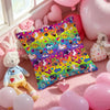 A vibrant, double-sided printed square pillow cover featuring colorful, psychedelic patterns and pink balloons.