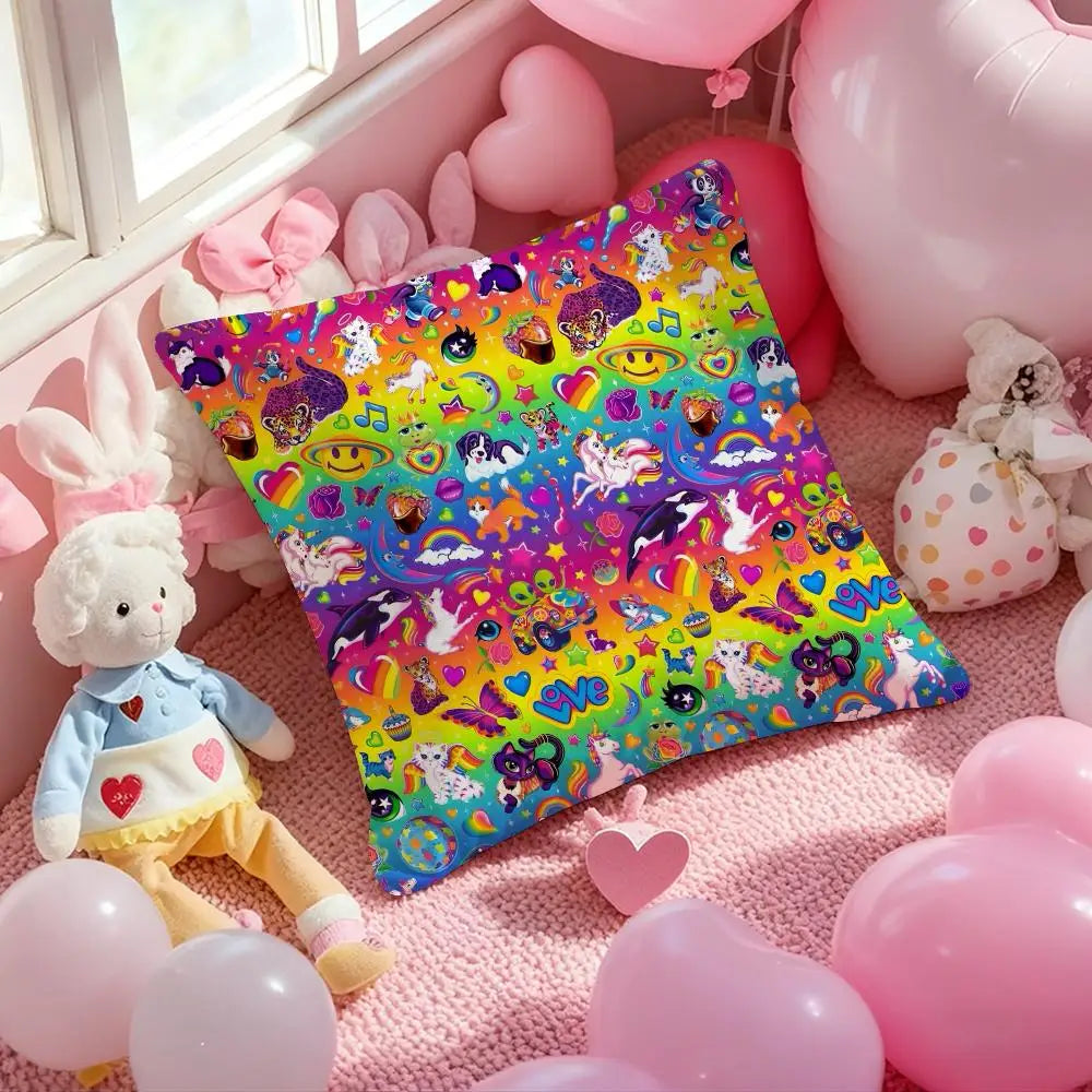 A vibrant, double-sided printed square pillow cover featuring colorful, psychedelic patterns and pink balloons.