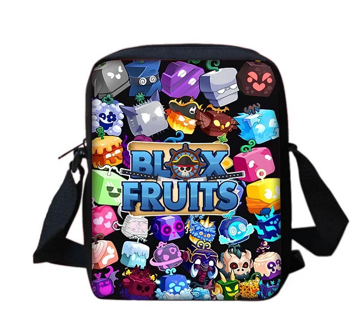 A black backpack featuring a colorful design of various cartoon fruits and vegetables.
