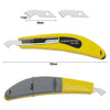 Yellow plastic cutter tool with a gray handle and six blades shown in various views.