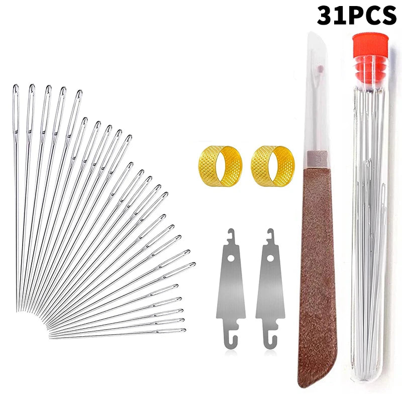 A set of 31 precision stainless steel sewing needles and a red applicator tool.