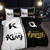 A black and white printed letter bedding set featuring 'I'm her King Queen' text on a duvet cover.