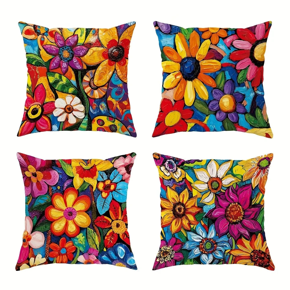 A collection of colorful floral patterned decorative pillow covers featuring various flower designs.