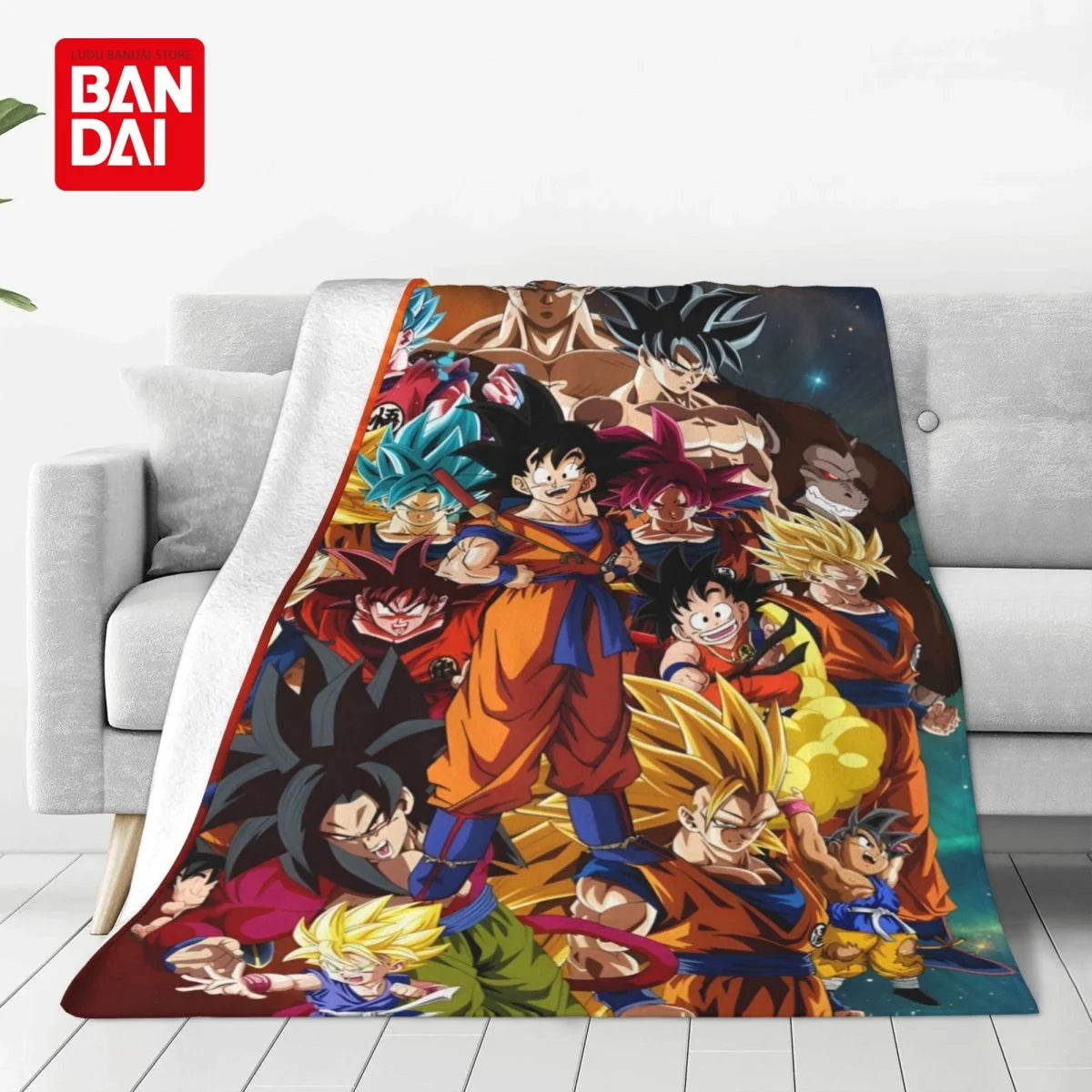 A colorful anime character flannel throw blanket featuring multiple characters from Dragon Ball Z