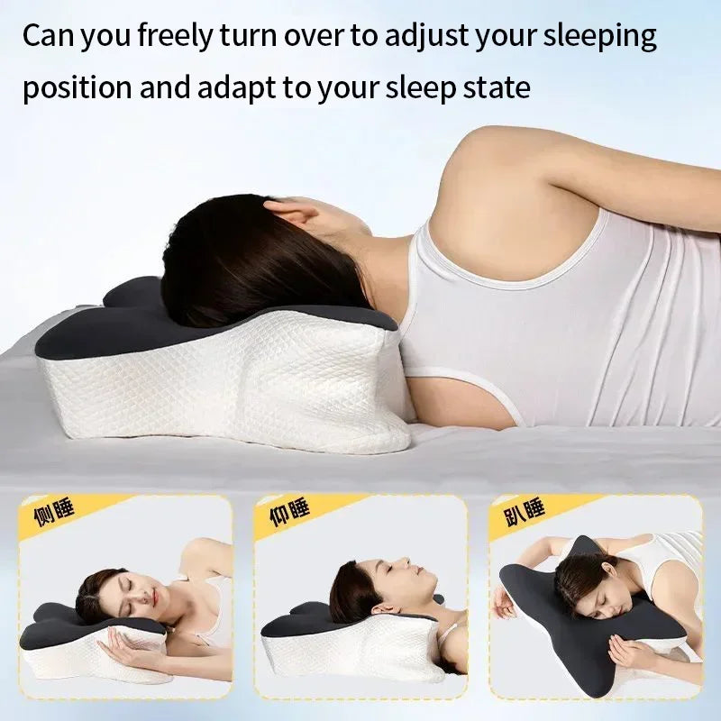 A person adjusts their sleeping position using a cooling butterfly memory foam pillow with neck support.