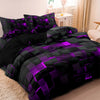 Black duvet cover featuring a vibrant purple geometric grid pattern.