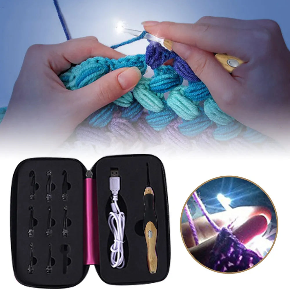 A set of 9 crochet hooks and a rechargeable LED light are shown being used to make yarn crafts.