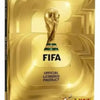 A gold-colored sticker album featuring a FIFA World Cup trophy design.