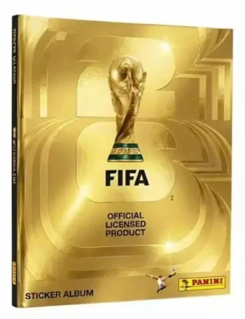 A gold-colored sticker album featuring a FIFA World Cup trophy design.